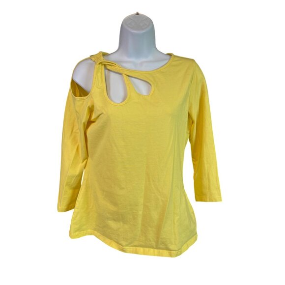 Boston Proper Yellow Cut-Out Top M 3/4 Sleeve Y2K Keyhole Tee Statement Spring - Picture 2 of 9